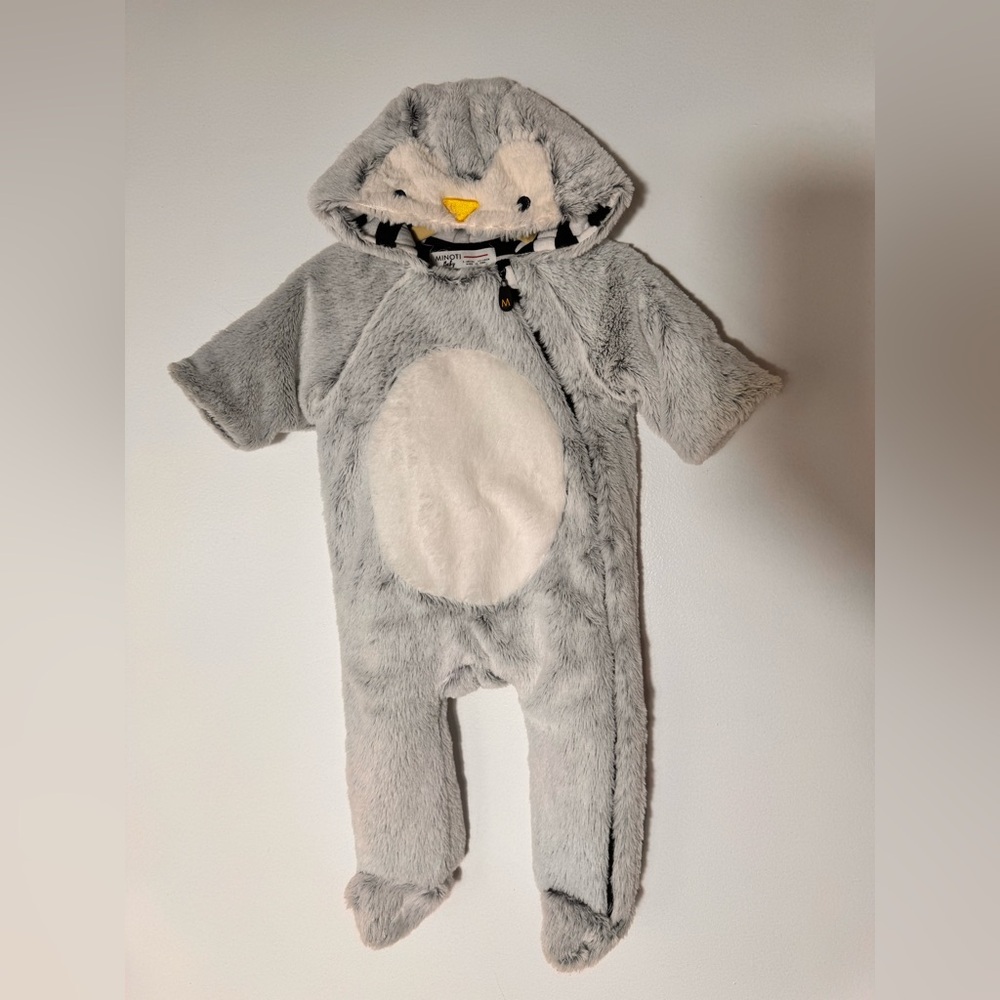Minoti Baby unisex gray penguin‎ Fuzzy Snowsuit Size 3-6 Months